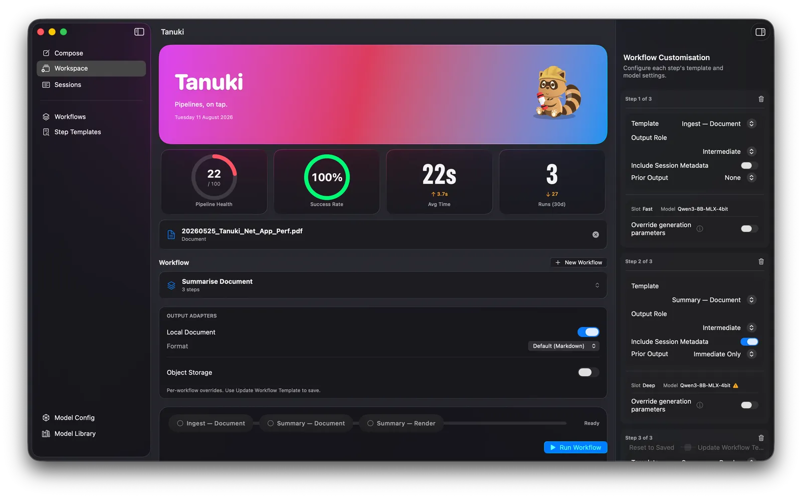 The Tanuki workflow interface, a page where you drop a file, select a template, optionally configure settings and trigger inference.